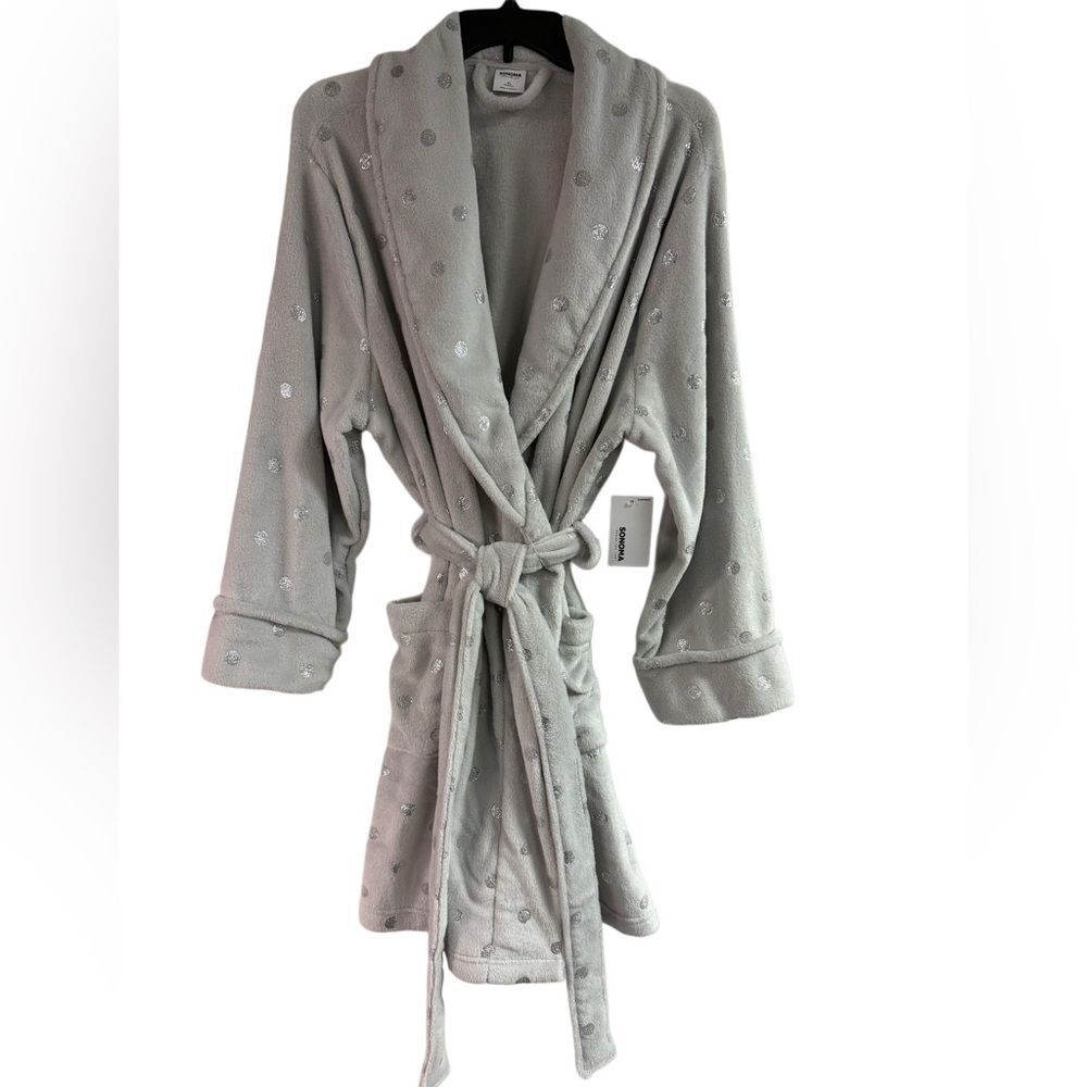 NWT Sonoma Plush Gray Polka Dot Short Robe Size XL